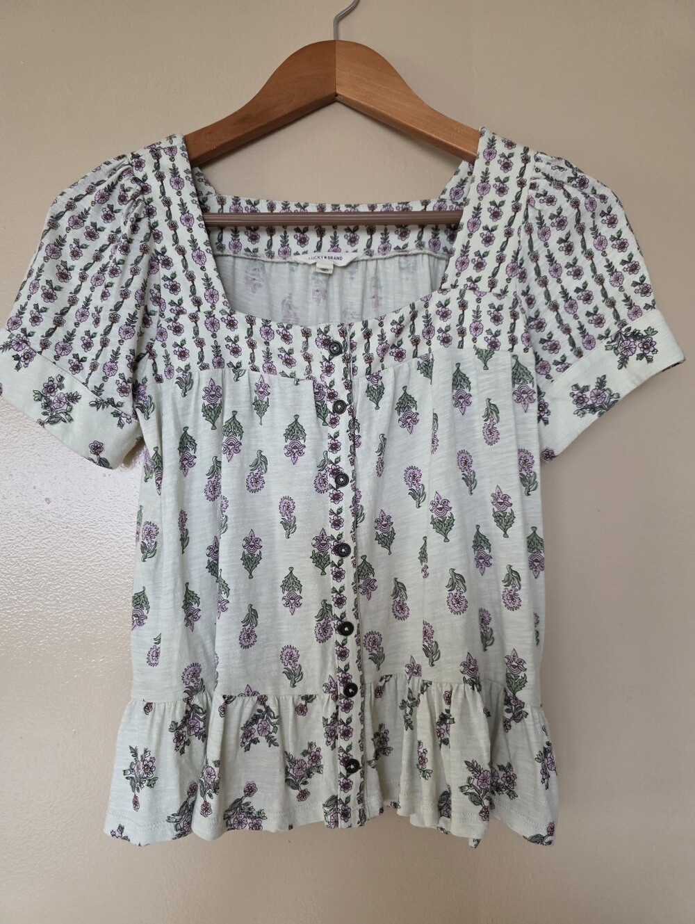 Lucky Brand Floral Block Print Cotton Blend Ruffle Hem Top XS Boho Cottagecore